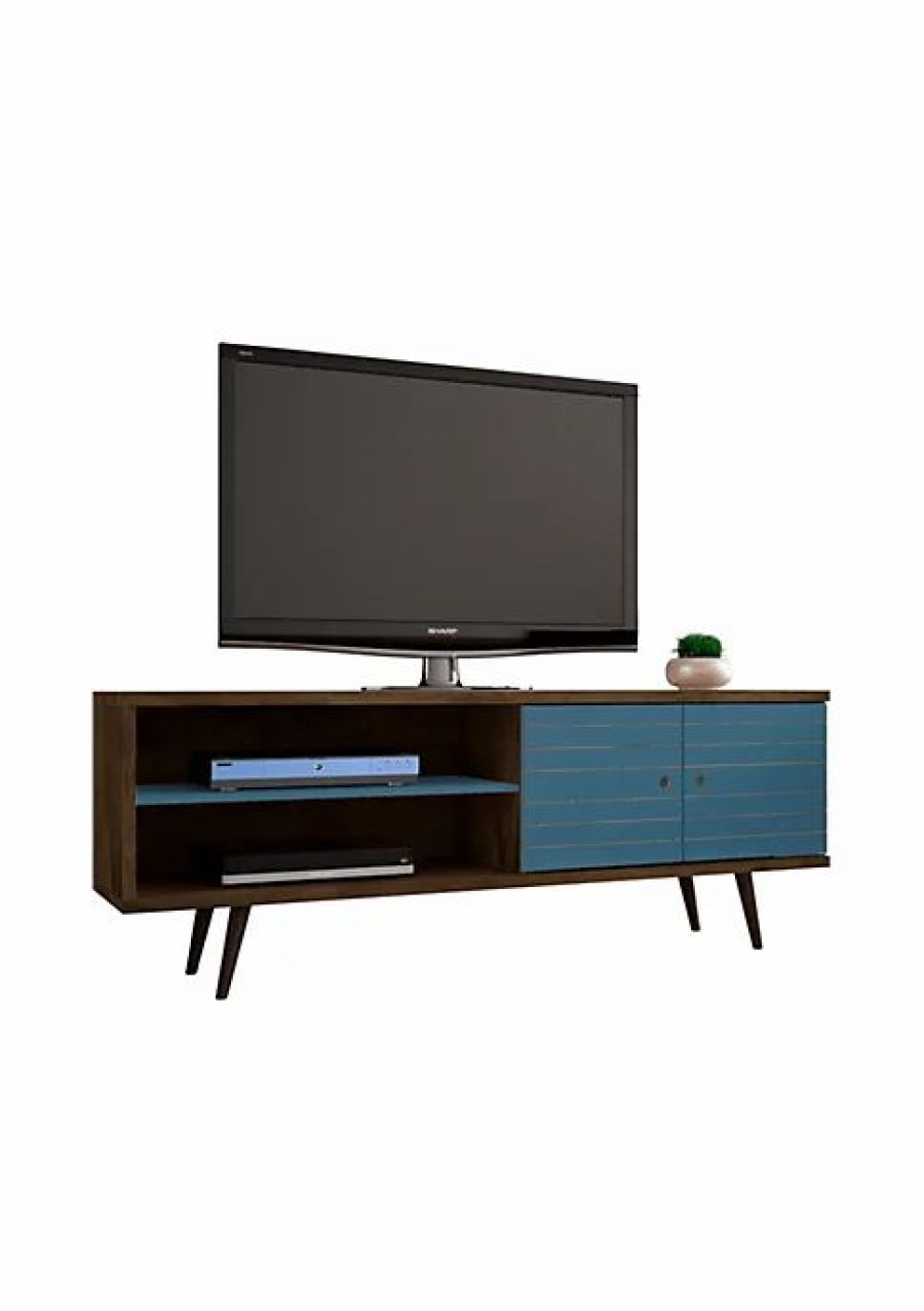 Tv & Media Stands * | Best Deal Manhattan Comfort Liberty 62.99 Mid-Century Modern Tv Stand In Rustic Brown And Aqua Blue