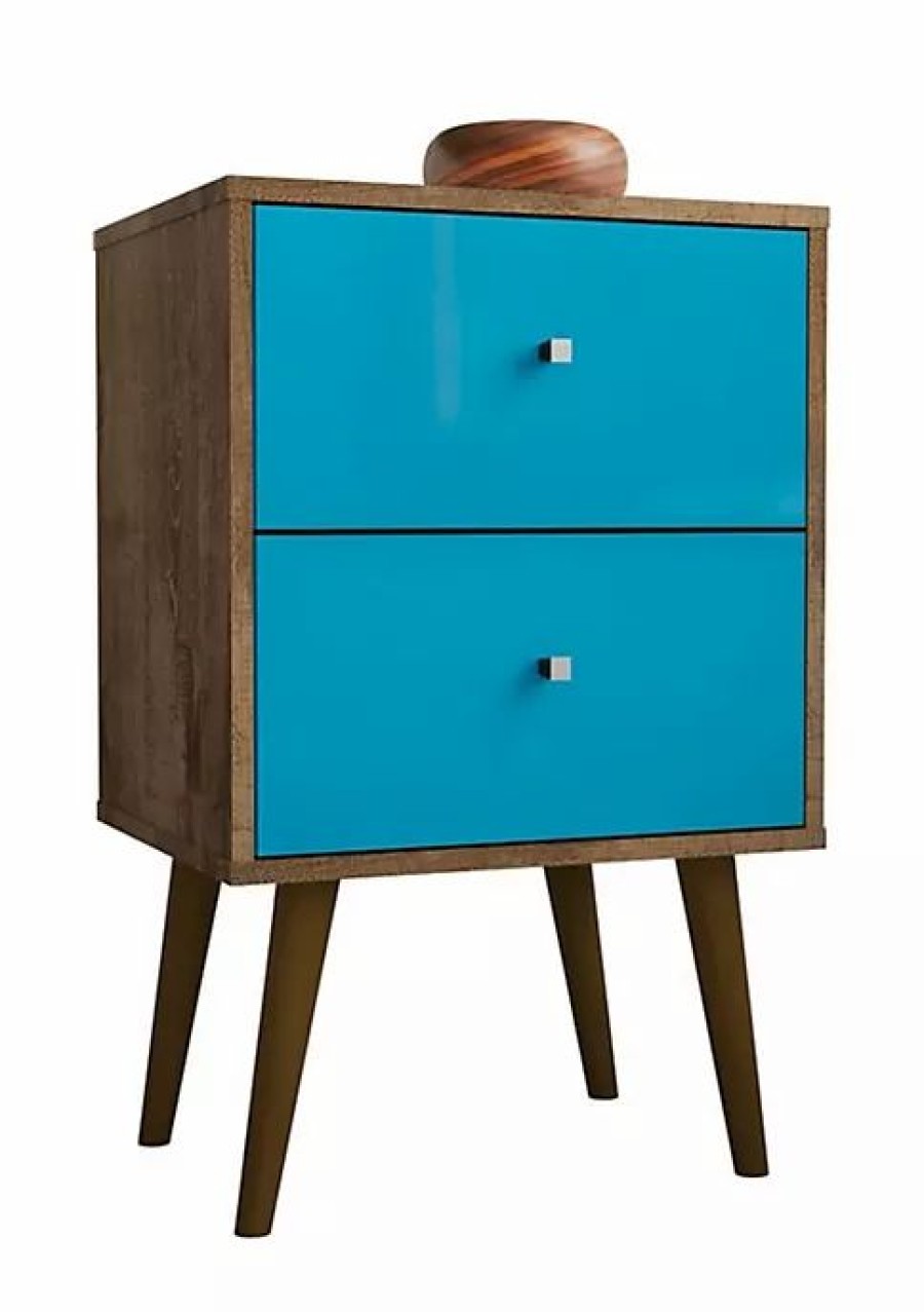 Tv & Media Stands * | Flash Sale Manhattan Comfort Liberty Nightstand 2.0 In Rustic Brown And Aqua Blue