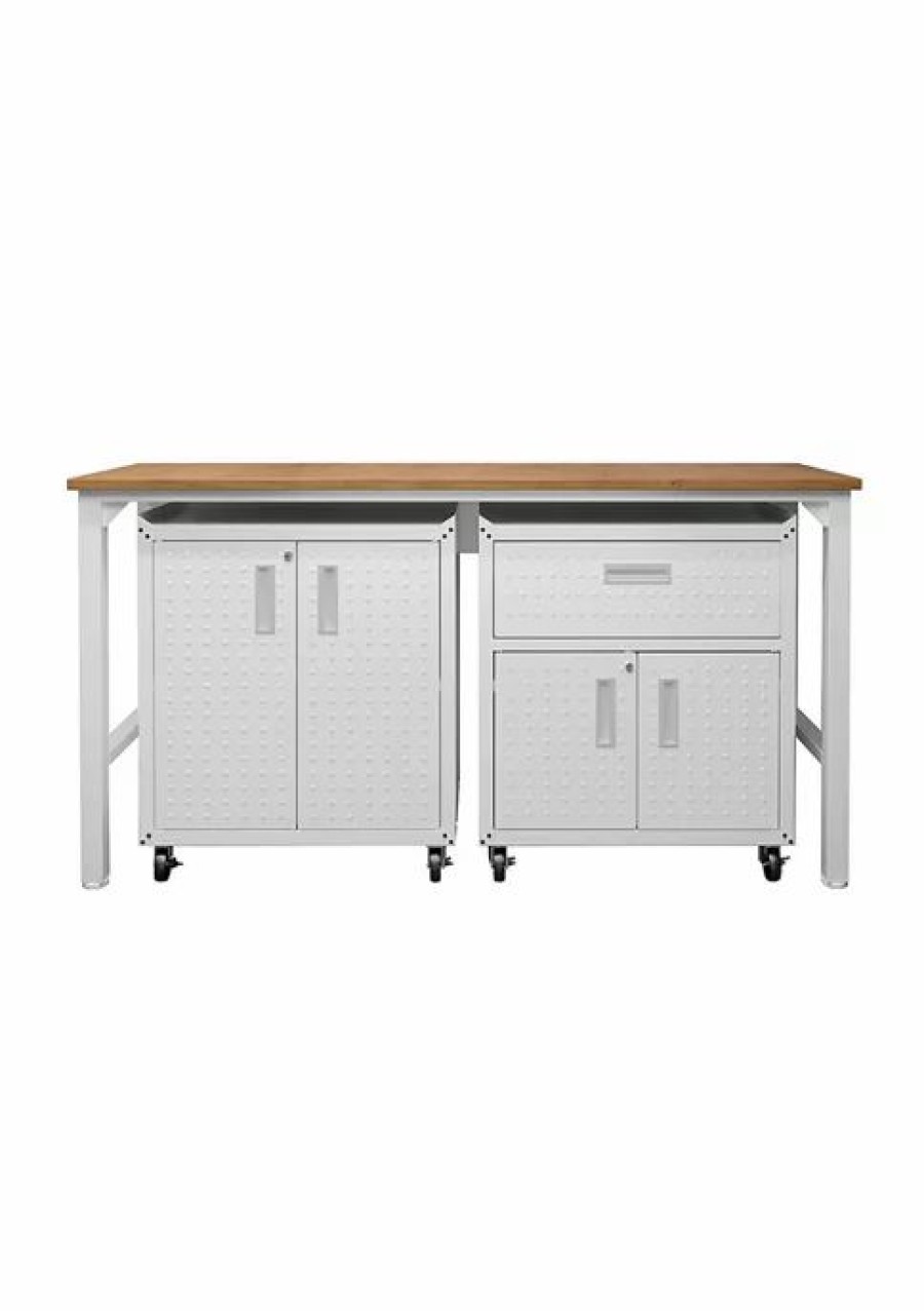 Furniture * | Brand New Manhattan Comfort 3-Piece Fortress Mobile Space-Saving Garage Cabinet And Worktable 2.0 White