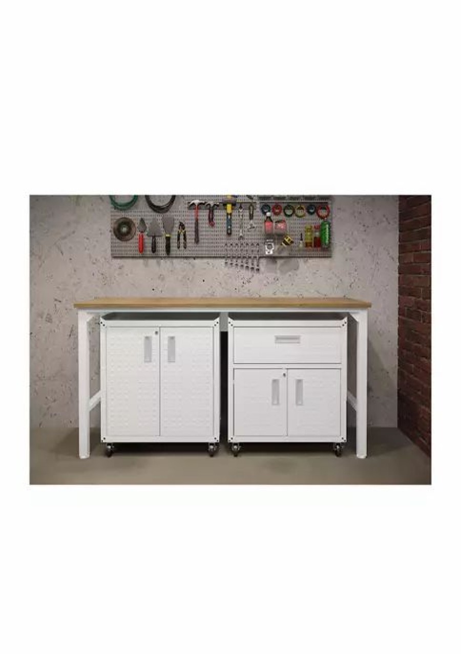 Furniture * | Brand New Manhattan Comfort 3-Piece Fortress Mobile Space-Saving Garage Cabinet And Worktable 2.0 White