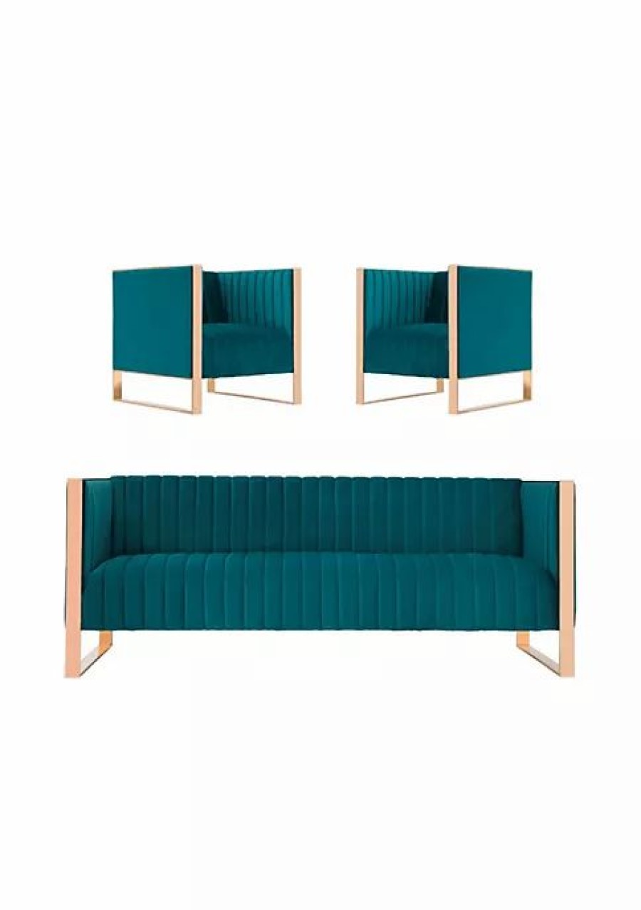 Tv & Media Stands * | Top 10 Manhattan Comfort Trillium Sofa And Armchair Set Of 3 In Teal And Rose Gold