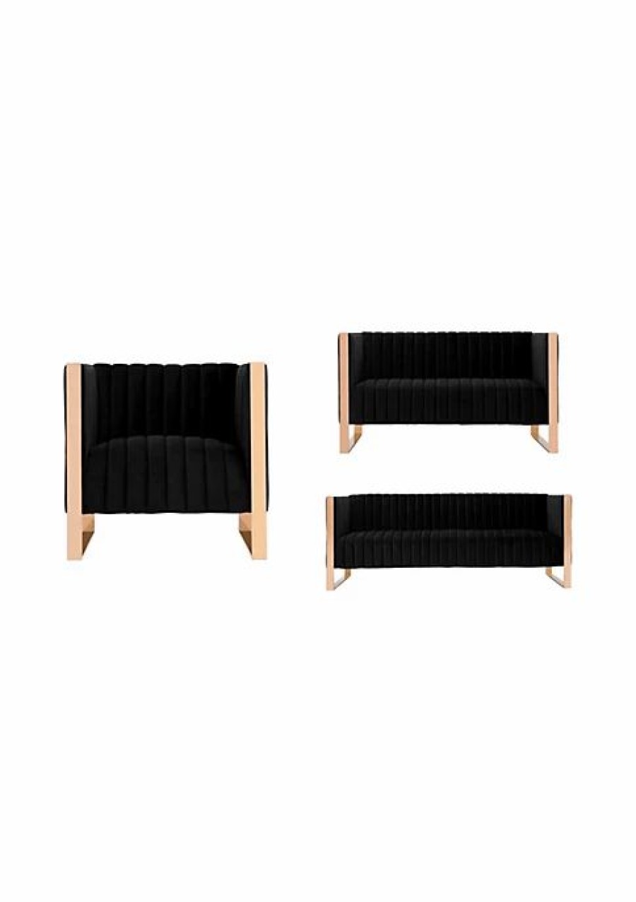 Tv & Media Stands * | Cheapest Manhattan Comfort Trillium 3 Piece Sofa, Loveseat And Armchair Set In Black And Rose Gold