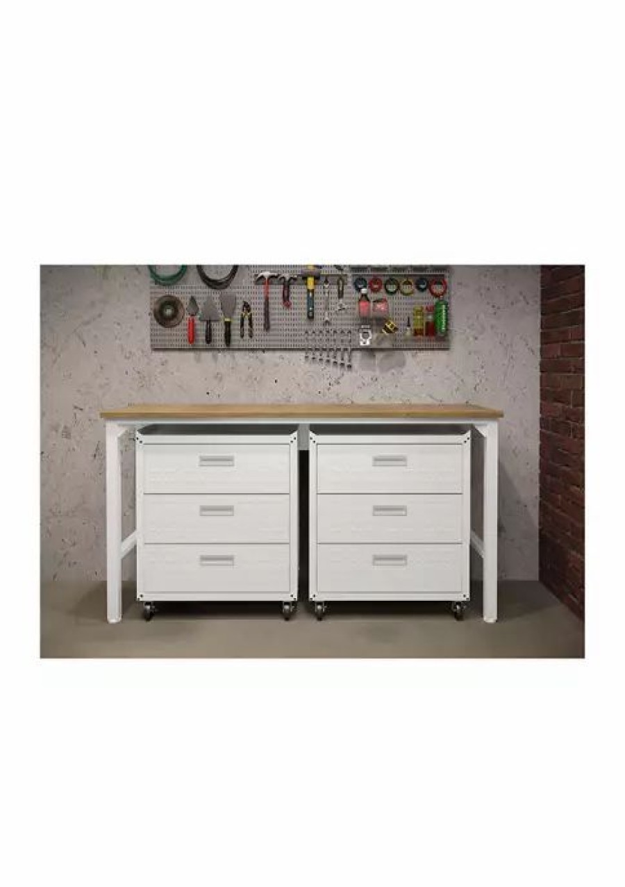 Furniture * | Flash Sale Manhattan Comfort 3-Piece Fortress Mobile Space-Saving Garage Cabinet And Worktable 6.0 White